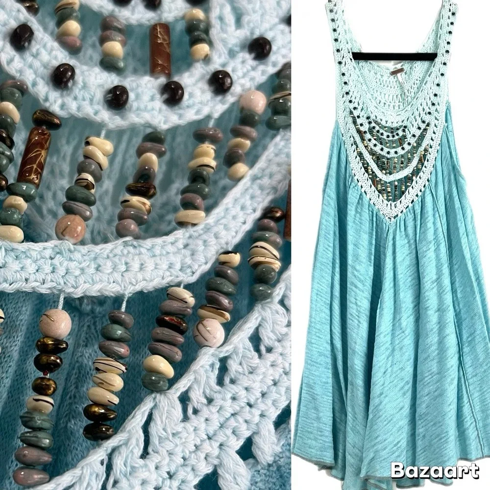 RARE Free People Crochet Beaded Neck Swing Tunic‎ Tank Top Blouse Aqua Blue XS